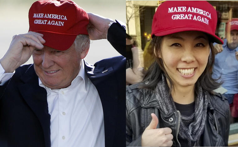 Donald TrumpA la izquierda, imagen de archivo de Trump con su gorra electoral. A la derecha, Williams, en su video promocional. 