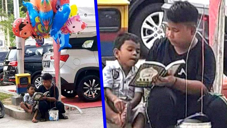 Enseña a su hermanito a leer en las calles de Indonesia