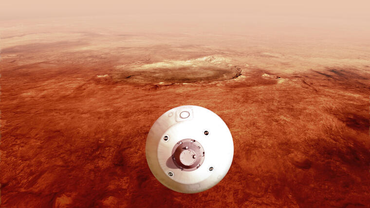 En esta ilustración de la NASA, Perseverance desciende a la superficie de Marte. 