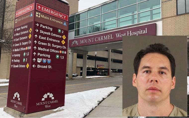 El doctor acusado, William Husel, y una imagen de archivo de la entrada principal al Hospital Mount Carmel West en Columbus, Ohio.