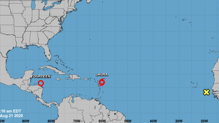 La imagen del Centro Nacional de Huracanes muestra la tormenta tropical Laura y la depresión tropical 14 avanzando hacia el Golfo de México, además de un posible ciclón cerca de la costa de África.