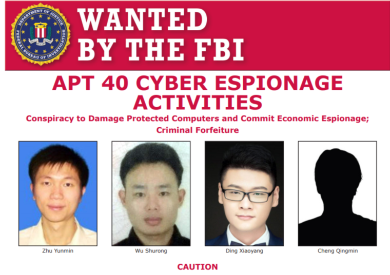 Cartel de se busca del FBI de cuatro presuntos piratas informáticos de nacionalidad china