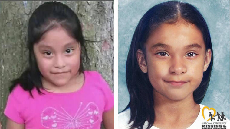 A la izquierda, Dulce María Alavez a los 5 años, cuando desapareció en Nueva Jersey. A la derecha, la imagen creada por los investigadores sobre cómo se vería ahora, con 7 años.