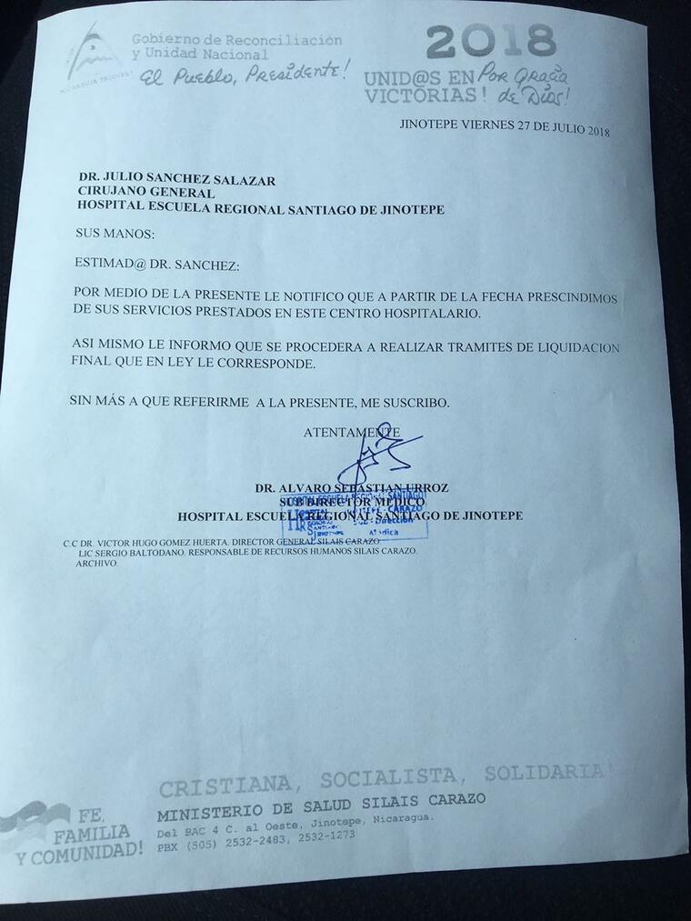 Carta de despido entregada al Dr. Sanchez en Jinotepe