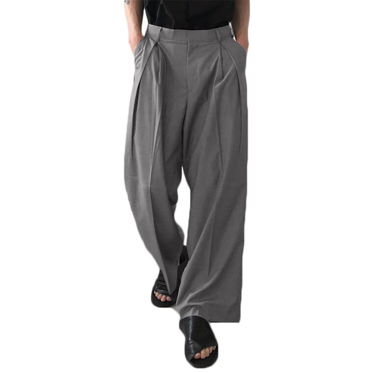 INCERUN Men's Loose Long Straight Solid Color Wide Leg Pants Trousers Black/Grey - Walmart