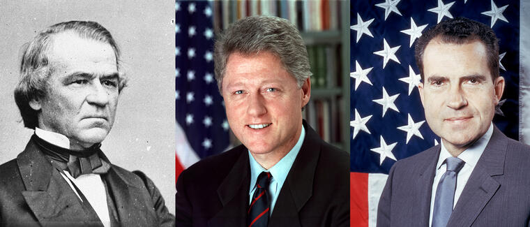 Los expresidentes que han pasado por un juicio político: Andrew Johnson, en 1868, y Bill Clinton, en 1999. Richard Nixon, derecha, renunció antes de que la Cámara de Representantes votara para iniciar el proceso. 