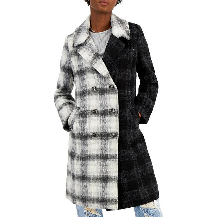 Juniors' Double-Breasted Plaid Coat - Macy’s