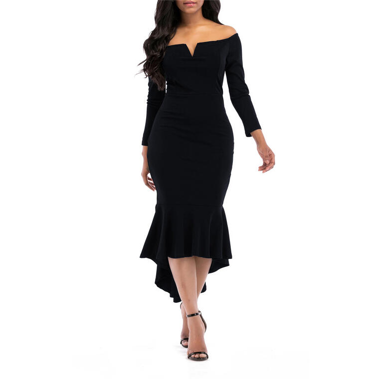 KISSMODA Black Dreses For Women Long Sleeve V-Neck Off Shoulder Dress Sexy Bodycon Midi Dresses - Walmart