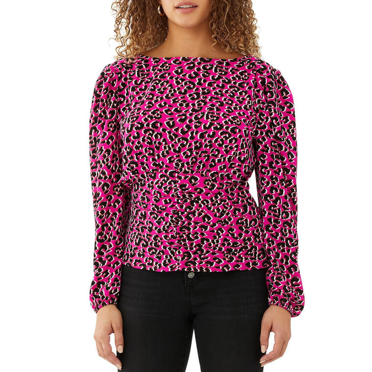 Leopard Print Boat Neck Top with Ruched Bodice - Walmart