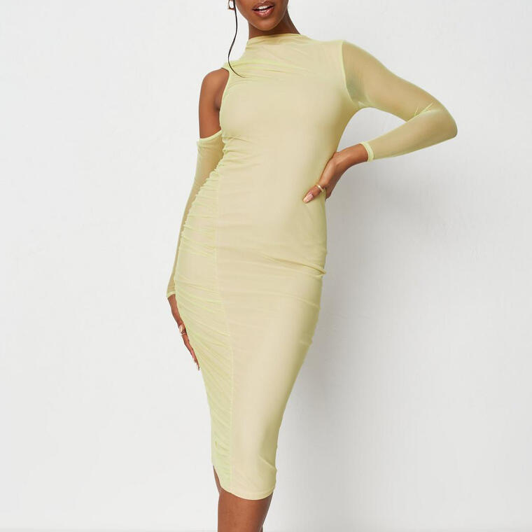 lime cold shoulder ruched mesh midi dress - Missguided