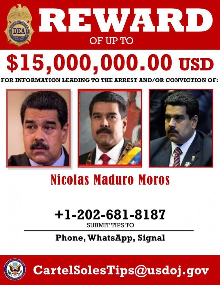 "Nicolás Maduro Moros y 14 funcionarios venezolanos actuales y anteriores están acusados ​​de narcoterrorismo, corrupción, narcotráfico y otros cargos criminales", según la página oficial de la DEA.