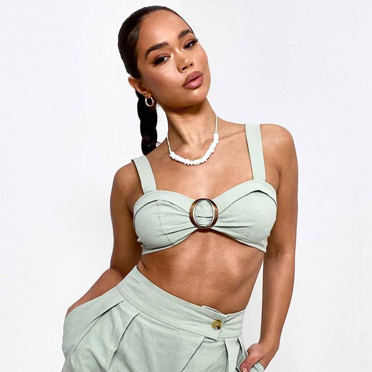 mint co ord linen look horn buckle crop top - Missguided