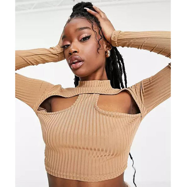 Missyempire exclusive ribbed high neck cut out crop top in camel - Asos