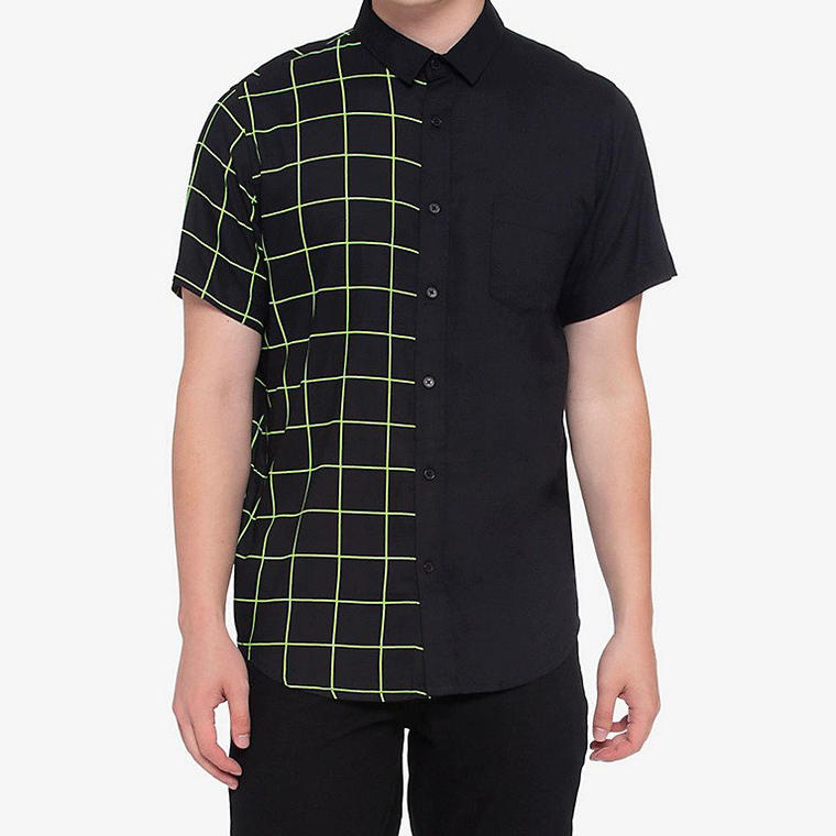 Neon Green & Black Grid Split Woven Button-Up - Hot Topic