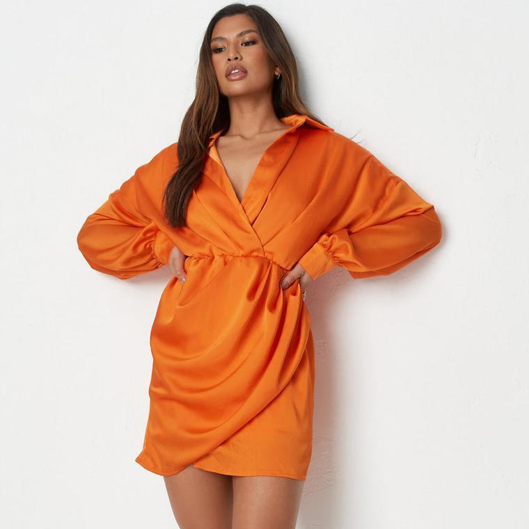 orange crinkle satin plunge shirt dress - Missguided