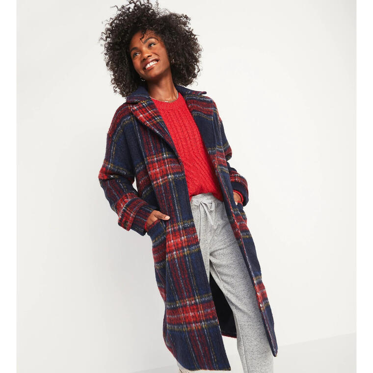 Oversized Soft-Brushed Plaid Button-Front Coat for Women  - Old Navy