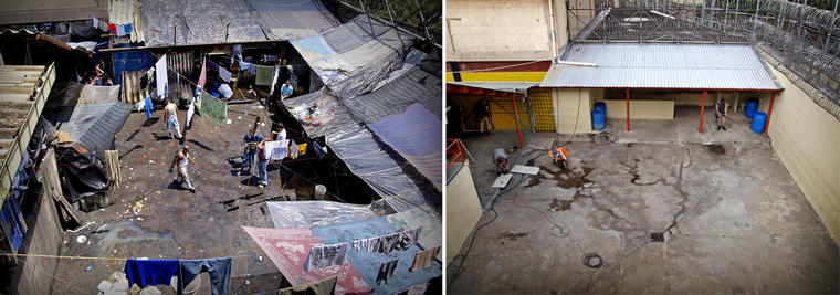 A la izquierda, una imagen del patio del Sector 2 de Ciudad Barrios tomada en septiembre de 2012 y otra del mismo lugar en mayo de 2020.  