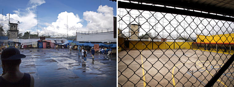 A la izquierda, una imagen del patio central de Ciudad Barrios tomada en septiembre de 2012 y otra del mismo lugar en mayo de 2020. 