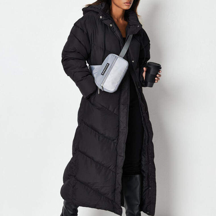 petite black chevron maxi puffer coat - Missguided