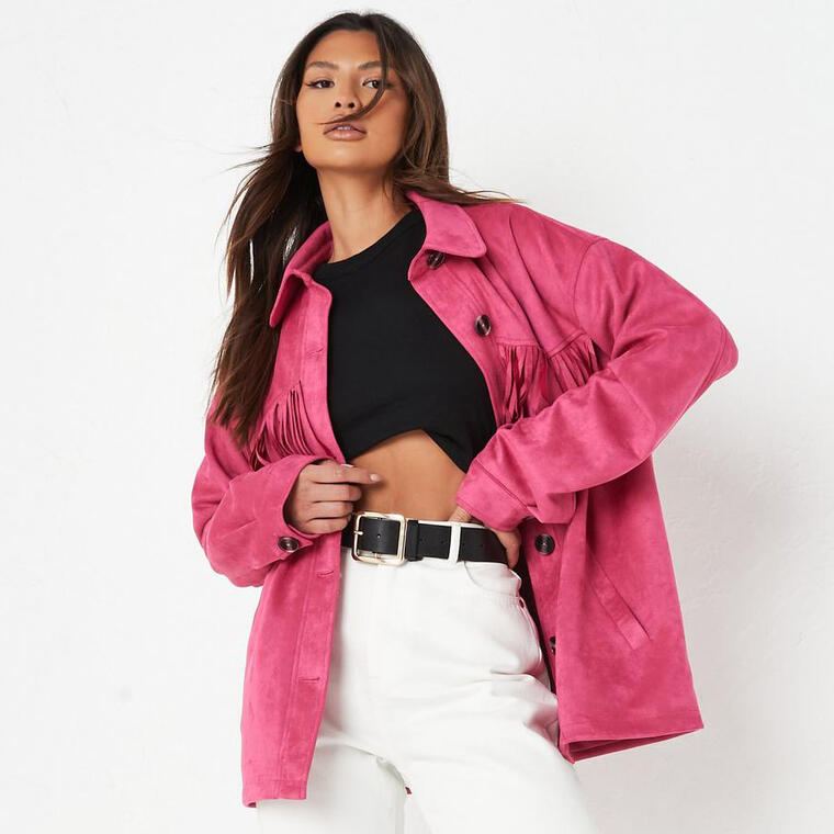 pink faux suede fringe shacket - Missguided