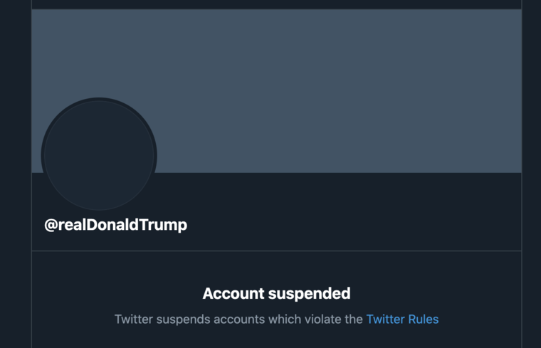 Captura de pantalla de la cuenta de Twitter de Trump suspendida.