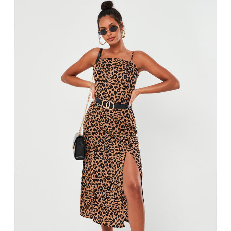 stone leopard print cami tie back midi dress - Missguided