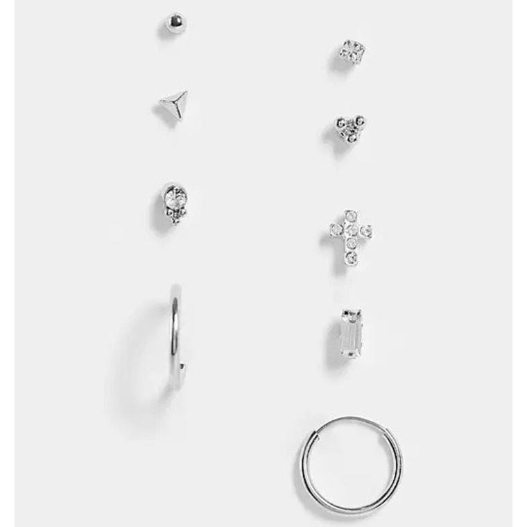 Topshop crystal cross 9 x multipack earrings in silver - Asos