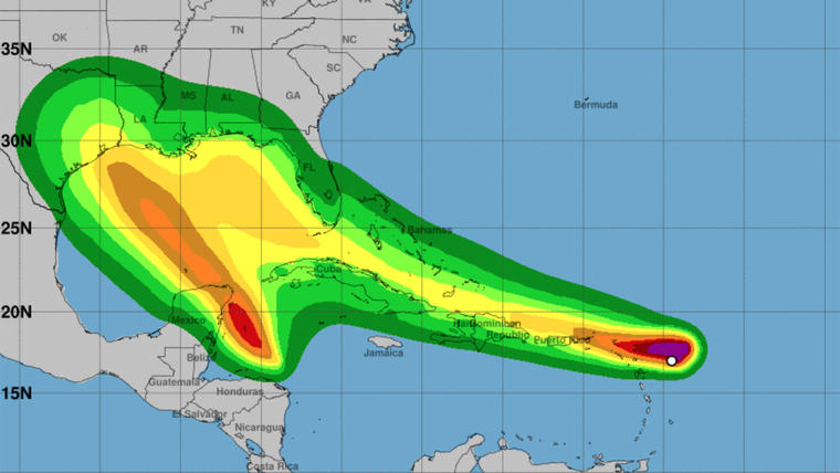 La proyección de la fuerza que tendrán los vientos de los dos sistemas tropicales para los próximos 5 días, elaborada por el NHC y el NOAA.