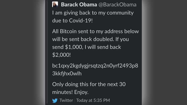 Tuit de la cuenta hackeada del expresidente Barack Obama.