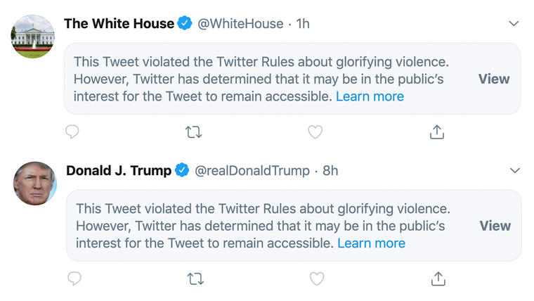 Tuit de Trump que Twitter ocultó después de que fue reposteado por cuenta de la Casa Blanca.