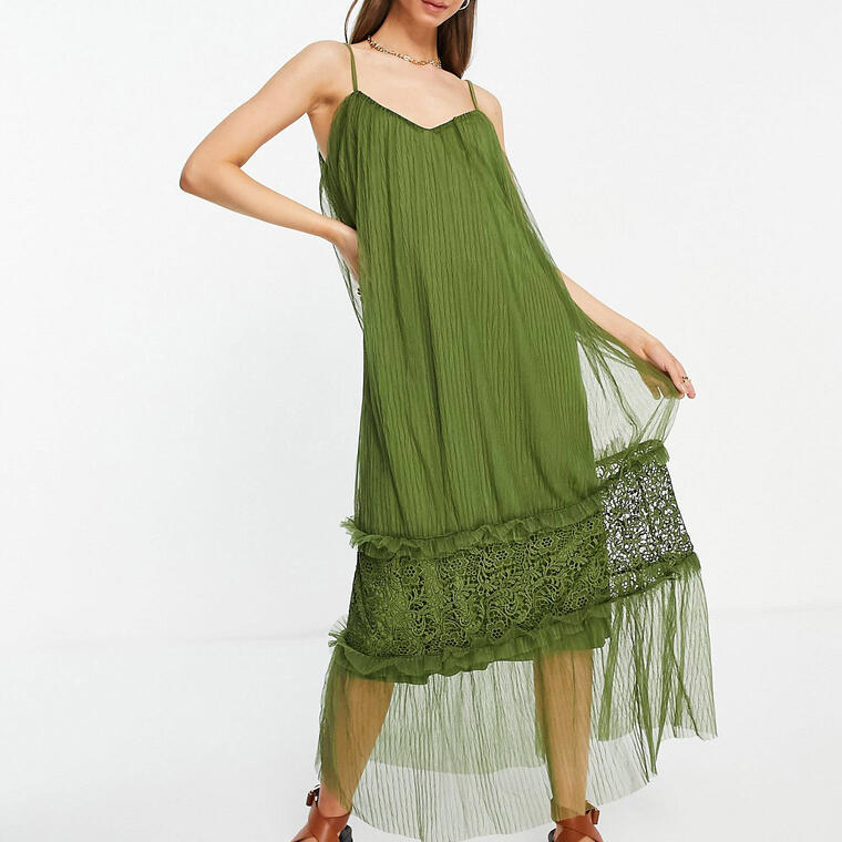Vila cami maxi dress with tulle tiered skirt in khaki - Asos