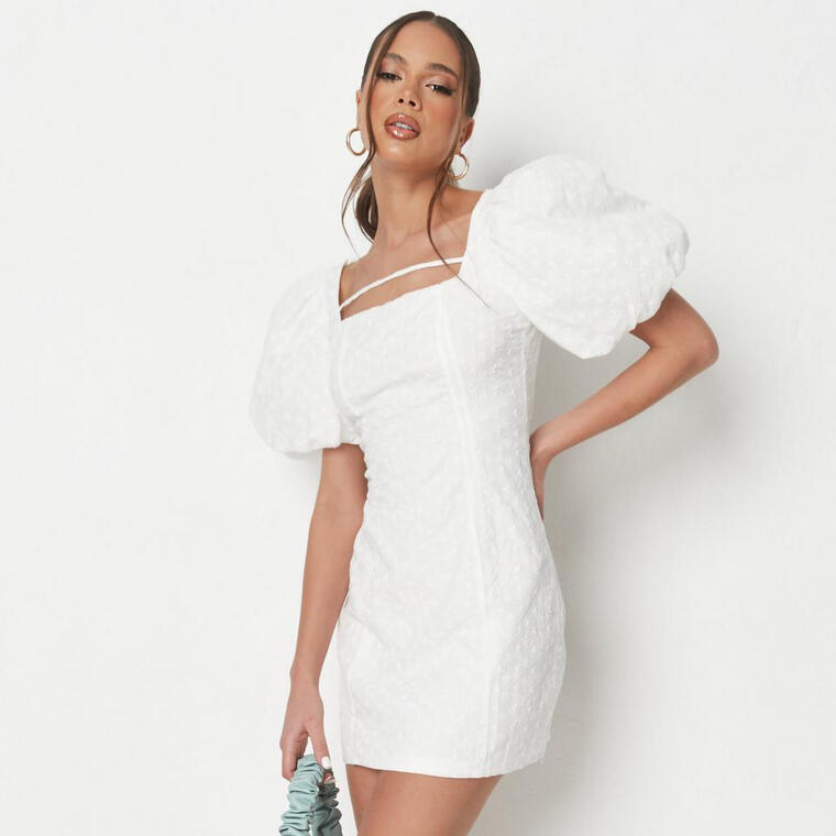 white broderie square neck puff sleeve mini dress - Missguided