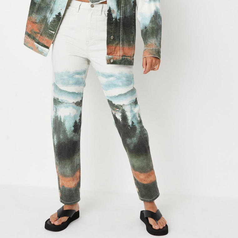 white co ord landscape print riot mom jeans - Missguided