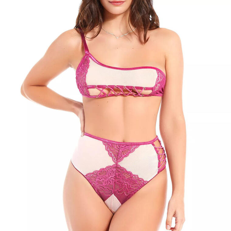 Women's Asymmetrical 2 Piece Lace Bra Set with Grommet Peek-A-Boo Detail and High Waist Panty - Macy’s