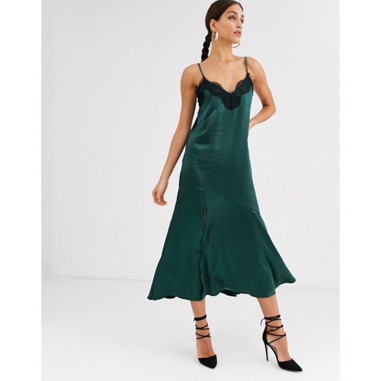 Y.A.S Tall satin midi slip dress with lace trim and side split in emerald - Asos