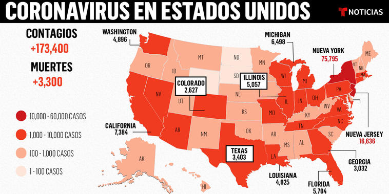 Mapa con la cantidad de casos de contagios y fallecidos por el coronavirus en Estados Unidos.