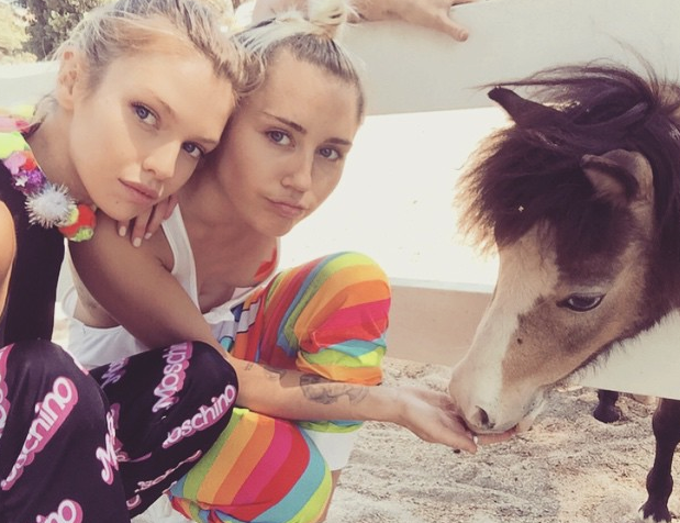Miley Cyrus y Stella Maxwell junto a un caballo