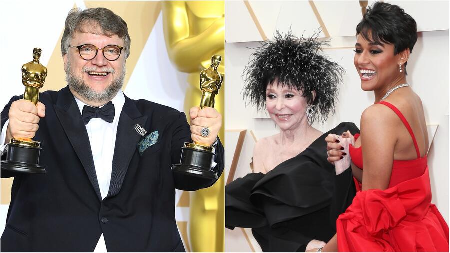 Guillermo del Toro con sus estatuillas en los Premios Oscar 2018; Rita Moreno y Ariana DeBose en los Premios Oscar 2022