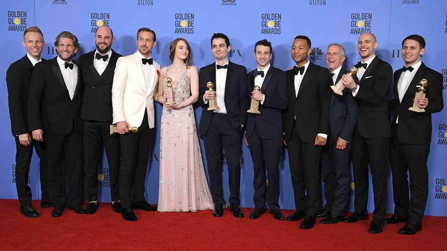 El equipo de "La La Land" en los Golden Globes 2017