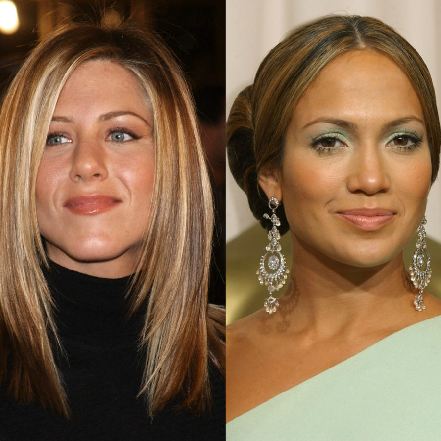 Collage de Jennifer Aniston en 2001, Jennifer Lopez en 2003 y Sofía Vergara en 2003