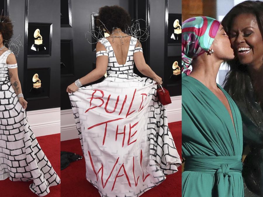 Joy Villa en la gala de los Grammys el domingo; a la derecha, Michelle Obama y Alicia Keys. 
