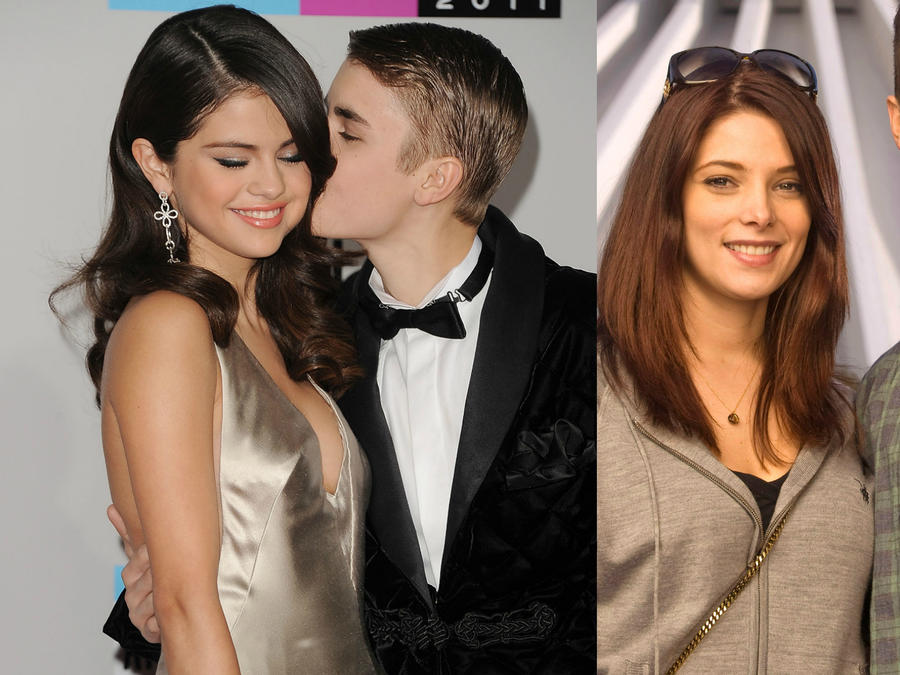 Collage de Selena Gomez y Justin Bieber y Joe Jonas con Ashley Greene.