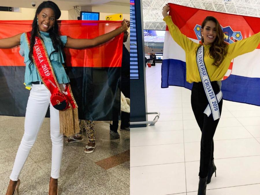 Salett Miguel, Miss Angola, Mia Rkman, Miss Croacia, posando con sus banderas, Miss Universo 2019